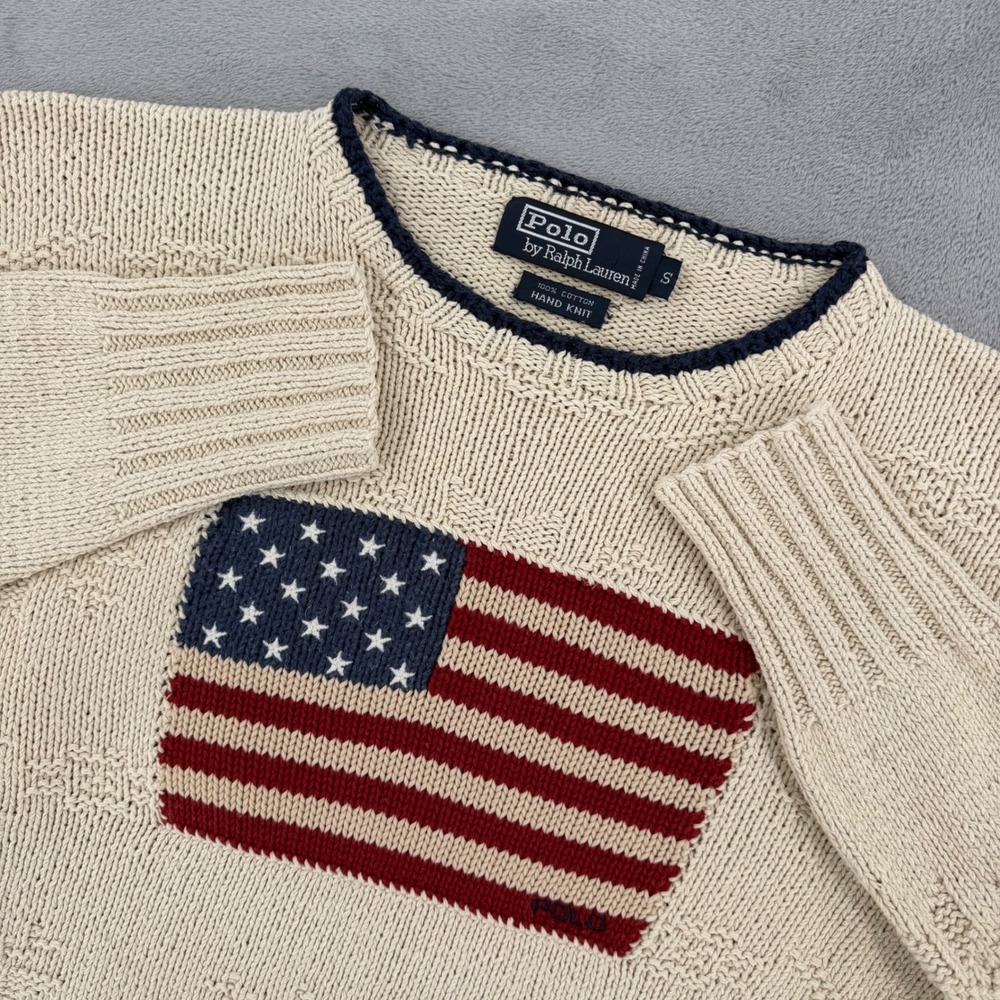 Vintage Polo Ralph Lauren Mens S Hand Knit American Flag Cotton Sweater Cream